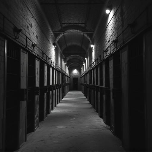 Fotograf铆a en blanco y negro de una prisi贸n del siglo XIX, con celdas individuales alineadas a lo largo de un corredor, mostrando un ambiente austero y disciplinado.
