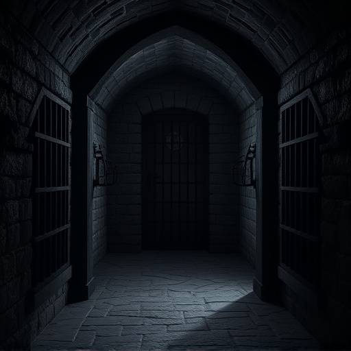 Ilustraci贸n de una prisi贸n medieval oscura y sombr铆a, con barrotes gruesos y muros de piedra