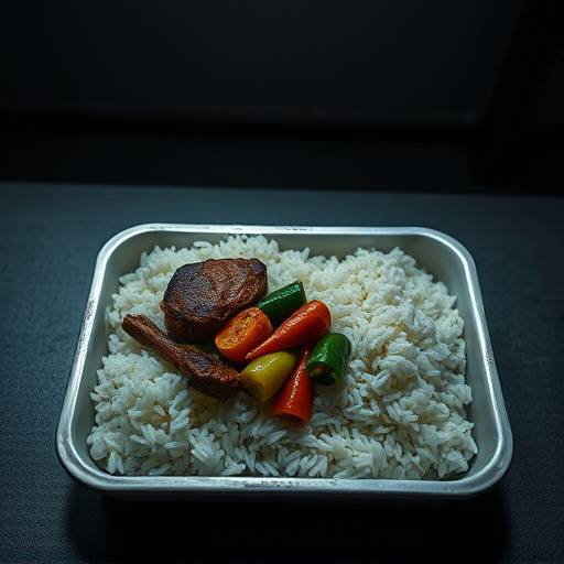 Una bandeja de comida en prisi贸n, que consiste en una porci贸n de arroz, una peque帽a cantidad de carne y una verdura cocida.