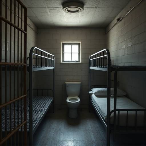 Una celda de prisi贸n b谩sica con una litera met谩lica, un inodoro y una ventana peque帽a, mostrando las condiciones de vida restrictivas.