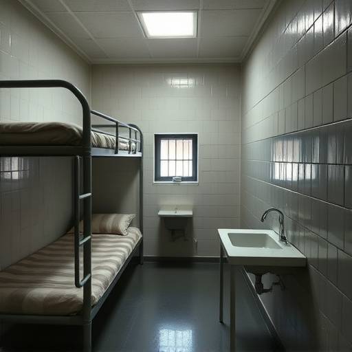 Una vista general del interior de una celda penitenciaria est谩ndar, mostrando una litera, un escritorio peque帽o y un lavabo.